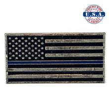 Load image into Gallery viewer, Subdued Antique Silver American Flag Lapel Pin with Thin Blue Line. Proudly Made in America U.S.A.