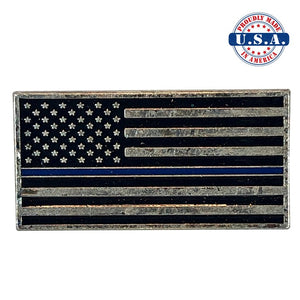 Subdued Antique Silver American Flag Lapel Pin with Thin Blue Line. Proudly Made in America U.S.A.